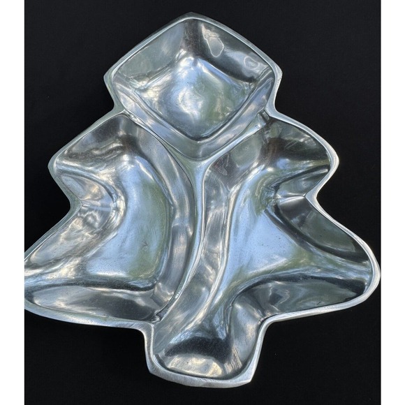 8" x 11" Polished Pewter Christmas Tree Compartment Serving Dish India IHI -S53 - Picture 1 of 8